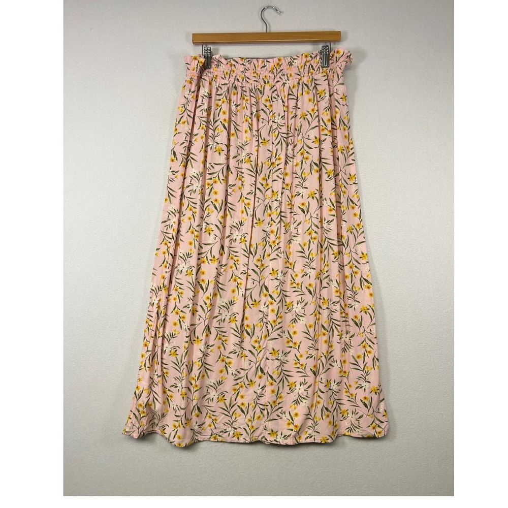 Floral Cottagecore Old Navy Womens LG Pink Floral Smocked High Waist Midi Skirt - Picture 2 of 9